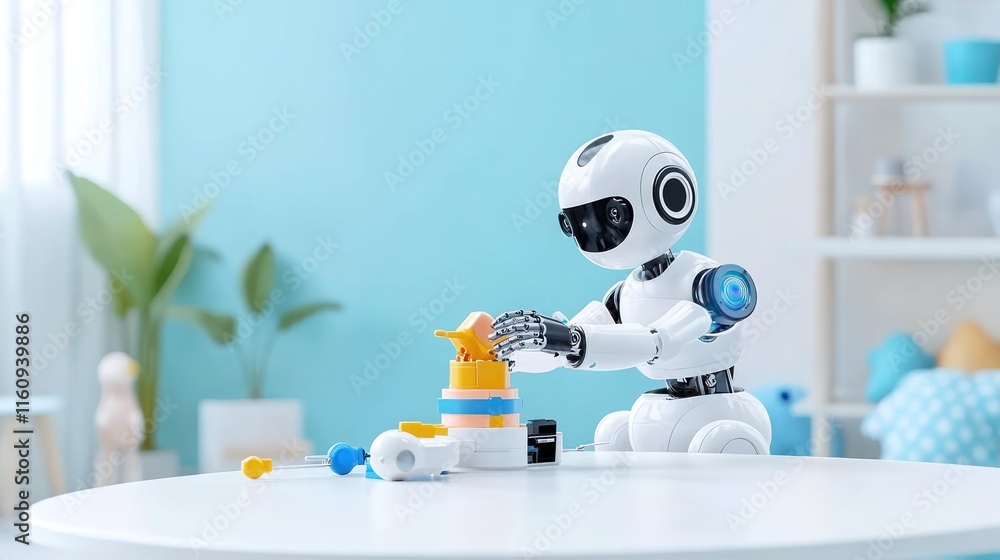 Poster a robot assembling colorful toys on a table in a bright room.