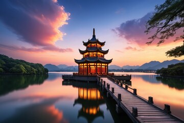 Obraz premium arafed pagoda on a lake with a pier and a beautiful sunset