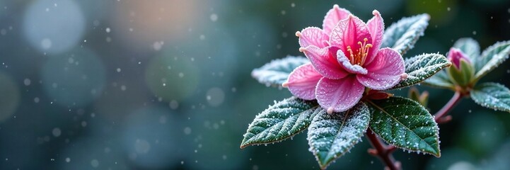 Icy rime frost clings to rhododendron leaves and stems, frozen, leaves