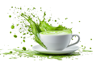 Green Splashing Cup of Matcha Tea Isolated on transparent background