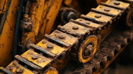 Heavy machinery close-up of a muddy yellow track and chain system