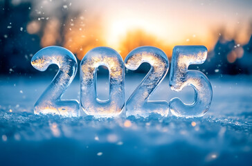The numbers 2025 made of ice stand on the snow on a winter evening.