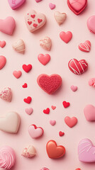 Obraz premium Heart-Shaped Chocolate Candy in Valentine's Decorated Background – Sweet Valentine's Day Illustration. Flat lay