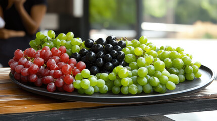 Grape, A vibrant plate featuring a mix of red, green, and black grapes, perfect for culinary presentations and food-related projects.