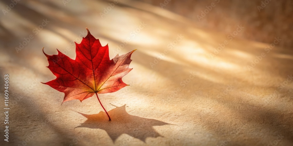 Poster a single crimson maple leaf rests on a textured surface, illuminated by a beam of sunlight casting a