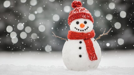 Fototapeta premium Snowman Surrounded by Falling Snow in Winter Wonderland Scene