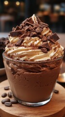 Glass of mocha mousse topped with cream swirls, chocolate chunks, and cocoa powder. Vertical image
