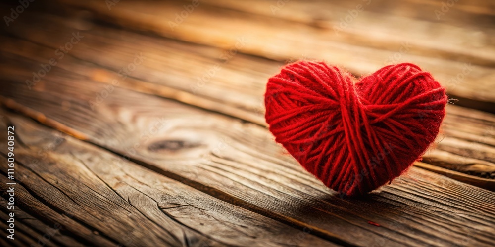 Poster A red heart-shaped ball of yarn rests on a weathered wooden surface, showcasing the intricate details of its woven threads and the rustic beauty of the background.