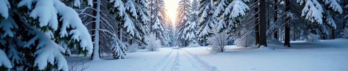 Dense snow-covered tree branches stretch upwards, forest landscape, forest