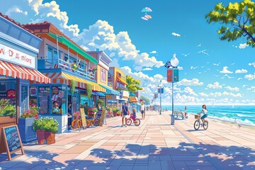 Sunny seaside town boardwalk with shops, people, and cyclists.
