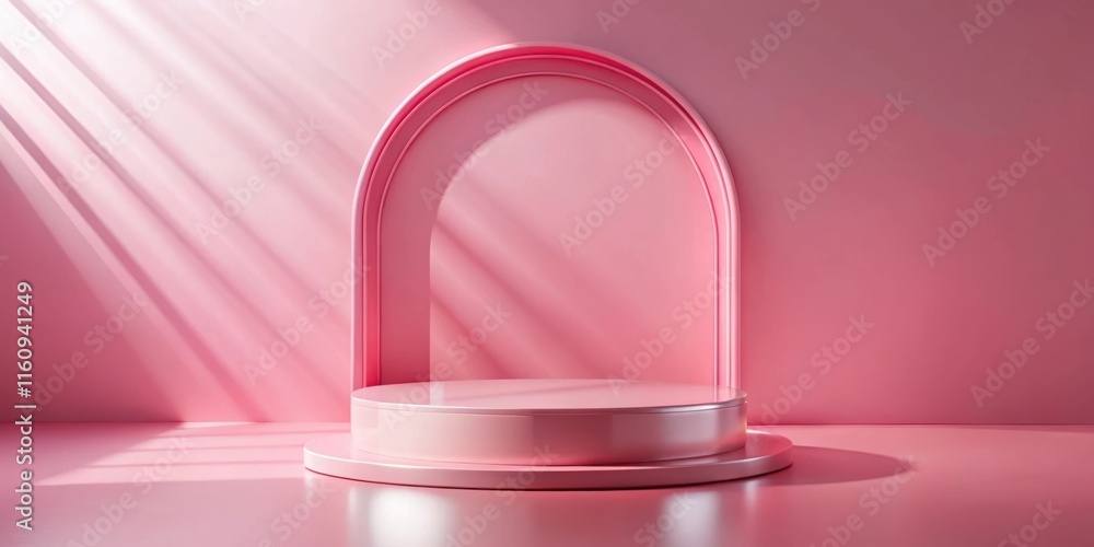 Poster A pink product display platform with a round arch in the background and sunlight streaming through the window