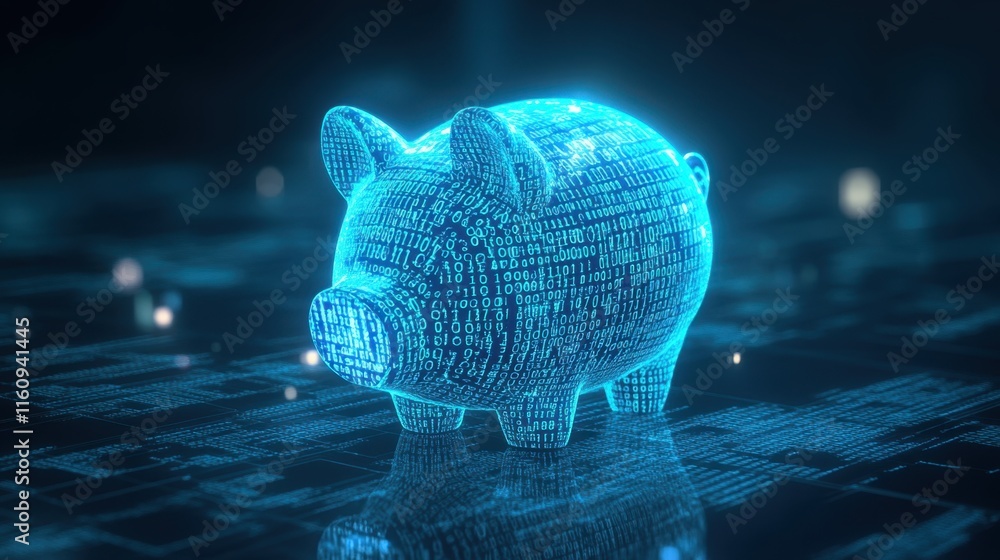 Poster digital piggy bank with binary code representation in blue light