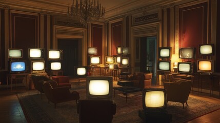 Vintage Living Room with Multiple Retro Televisions Displaying Light