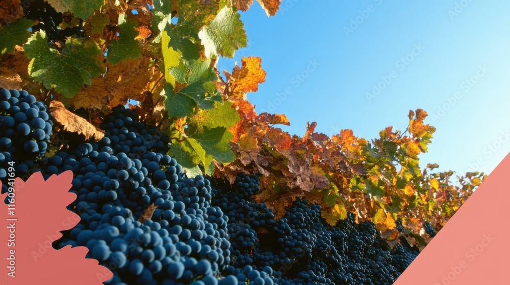 Poster grape, close-up image of vibrant grape clusters set against a bright blue background, showcasing the