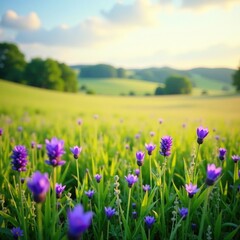 Obraz premium A serene meadow filled with purple flowers and tall grasses, meadow, tall grasses