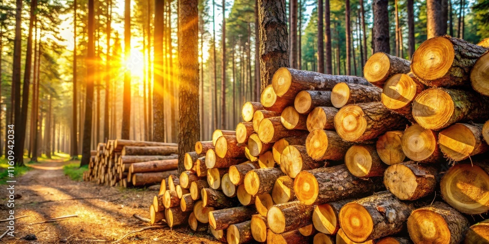 Poster Sunlight bathes a forest path and a towering pile of freshly cut logs, creating a scene of natural beauty and resourcefulness.