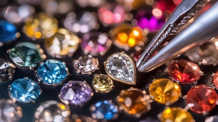 professional jewelry making workshop scene with master artisan using precision tools to set precious gemstones in custom designer ring mount