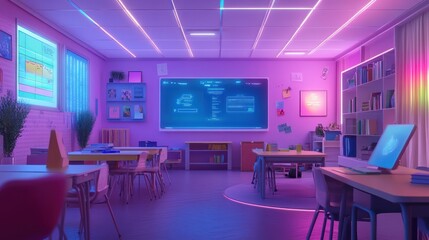 Modern vibrant classroom with neon lights, interactive whiteboard, desks, computers, bookshelves, and plants.