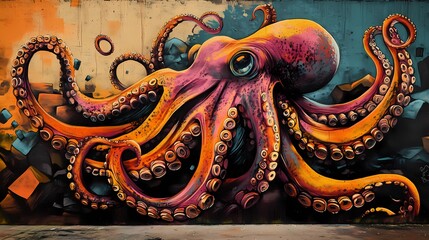 Obraz premium Vibrant Octopus Street Art Mural
