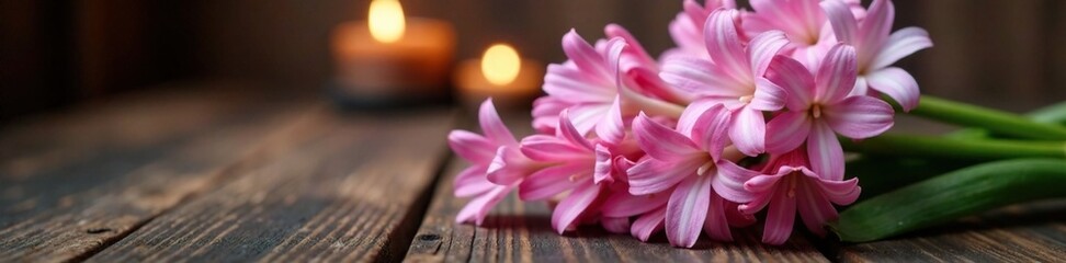 Fototapeta premium A bouquet of pale pink hyacinths sits atop a dark wooden table with candles lit, bouquet, warm