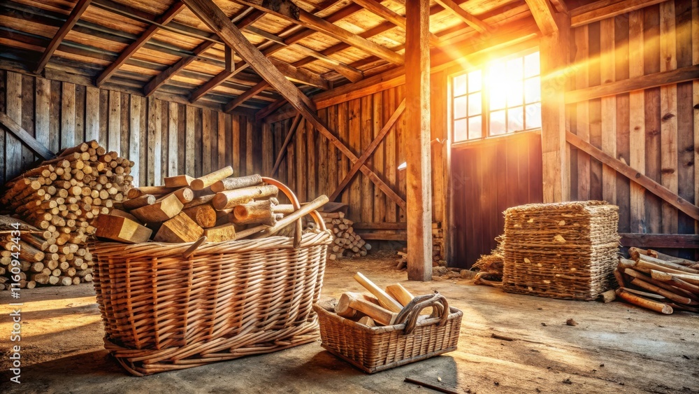Poster sunbeams illuminate a rustic wooden barn interior, highlighting a wicker basket overflowing with sta