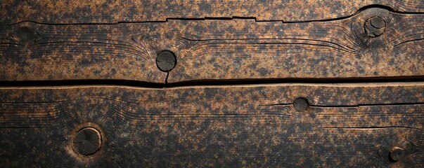 Weathered wooden surface with deep splits and cracks, uneven texture, rugged, warped, twisted