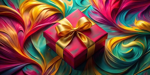 A crimson gift box with a golden bow rests on an abstract backdrop of swirling hues, a vibrant spectacle of color and texture.