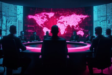 Dark Conference Room with Global Map and High-Tech Screen Display