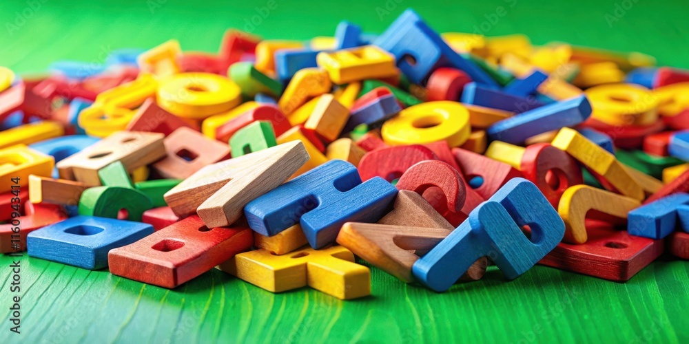 Poster a colorful jumble of wooden letter blocks scattered across a vibrant green surface, creating a playf