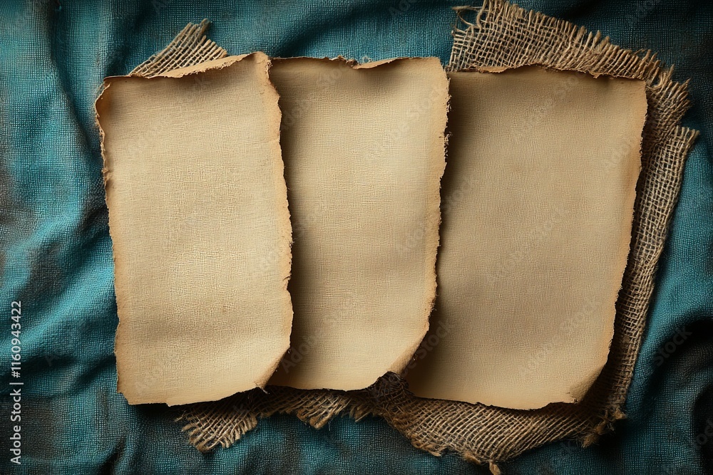 Poster rustic blank parchment sheets arranged on textured fabric background