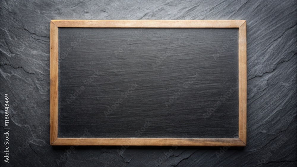 Poster a wooden framed blackboard with a rustic slate background, ready to be filled with your message.
