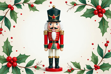 festive nutcracker decoration captures christmas spirit surrounded holly charming watercolor background traditional setting every