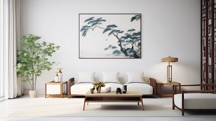 Minimalist living room with white sofa, wooden furniture, and Asian-inspired art.