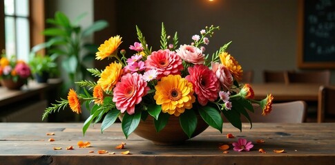 Fresh flower arrangement on a long wooden table, arrangement, table, centerpieces