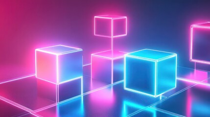 Obraz premium Glowing neon pink and blue cubes on reflective surface.