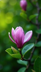 Delicate purple magnolia bloom on lush green foliage, nature, tree, botany