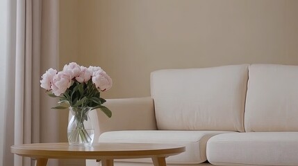 Close-up view of a stylish living room showcasing a bouquet of pink peonies in a glass vase near a cozy sofa by a window