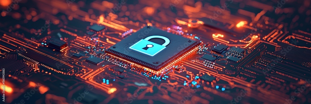Poster cybersecurity concept with lock on computer circuit board design