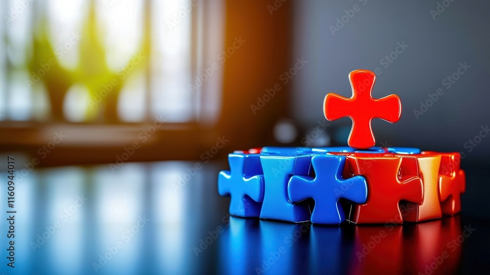 Poster a stack of colorful puzzle pieces, predominantly red and blue, sits on a table, symbolizing problem-