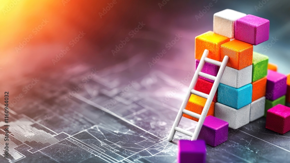 Poster a colorful structure made of blocks with a ladder leaning against it, set against a digital backgrou