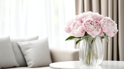 Close-up view of a stylish living room showcasing a bouquet of pink peonies in a glass vase near a cozy sofa by a window