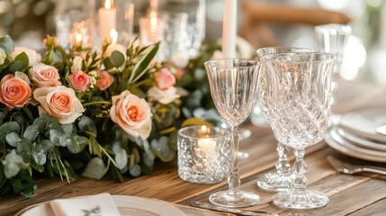 romantic valentine's evening table setting with fresh rose bouquet, crystal wine glasses, flickering candlelight and vintage wooden table ambiance