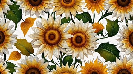 The Seamless pattern of sunflower and leaf on background. The seamless pattern sunflower. Seamless pattern leaf. shape of leaf.sunflower on white background. sunflower in oil painting.