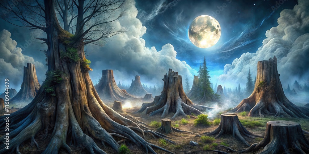 Poster a surreal landscape with large tree stumps and a full moon in a cloudy sky
