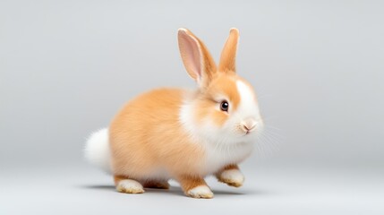 Obraz premium A cute, fluffy rabbit hopping on a light background.