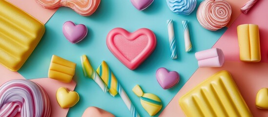Colorful heart-shaped soap among pastel sweets and candy.