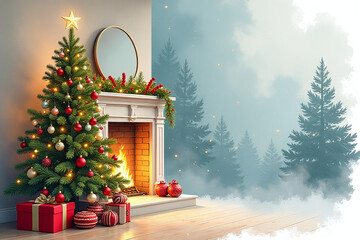 festively decorated christmas tree near fireplace beautiful watercolor background holiday