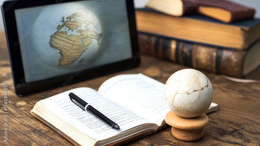 Poster a globe sits beside a notebook and pen, with a tablet displaying a map in the background, suggesting