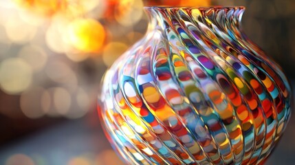Obraz premium Colorful glass vase with swirling pattern against blurred lights.