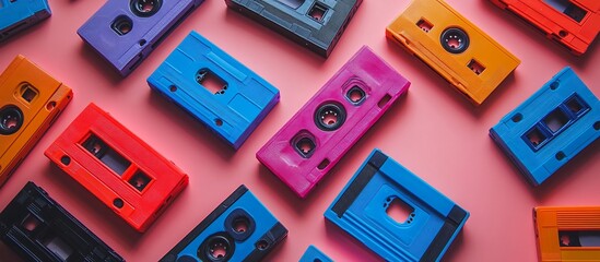 Colorful Retro Cassette Tapes on Pink Background
